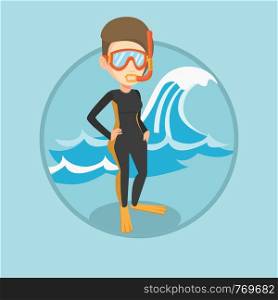 Caucasian woman in diving suit standing on the background of a big wave. Diver enjoying snorkeling. Diver ready for snorkeling. Vector flat design illustration in the circle isolated on background.. Young scuba diver vector illustration.