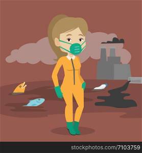 Caucasian woman in gas mask and radiation protective suit standing on the background of nuclear power plant. Scientist wearing radiation protection suit. Vector flat design illustration. Square layout. Woman in radiation protective suit.