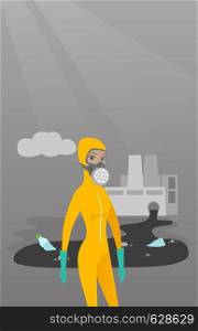 Caucasian woman in mask and radiation protective suit standing on the background of nuclear power plant. Scientist wearing radiation protection suit. Vector flat design illustration. Vertical layout.. Woman in radiation protective suit.