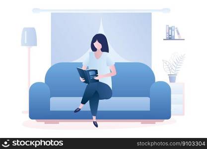 Caucasian woman is sitting on the couch and read book, living room interior. Female character in trendy style. Vector illustration