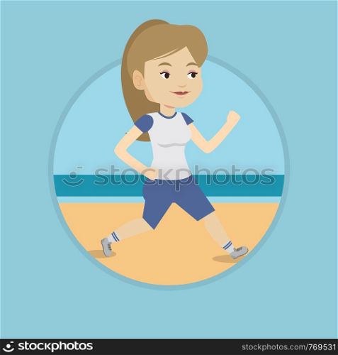Caucasian woman jogging on beach. Athlete running on the beach. Woman running along the seashore. Woman enjoying jogging on beach. Vector flat design illustration in the circle isolated on background.. Young sporty woman jogging on the beach.