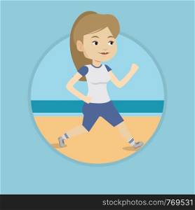 Caucasian woman jogging on beach. Athlete running on the beach. Woman running along the seashore. Woman enjoying jogging on beach. Vector flat design illustration in the circle isolated on background.. Young sporty woman jogging on the beach.