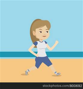 Caucasian woman jogging on the beach. Sporty female athlete running on the beach. Woman running along the seashore. Fit woman enjoying jogging on beach. Vector flat design illustration. Square layout.. Young sporty woman jogging on the beach.