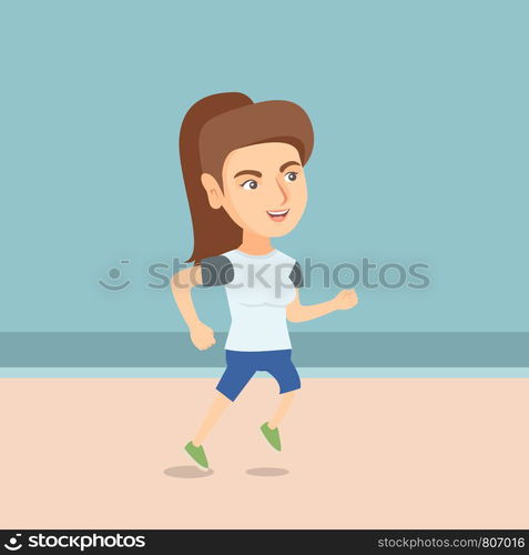 Caucasian woman jogging on the beach. Sporty woman running on the beach. Young sportswoman running along the seashore. Woman enjoying jogging on the beach. Vector cartoon illustration. Square layout.. Young sporty woman jogging on the beach.