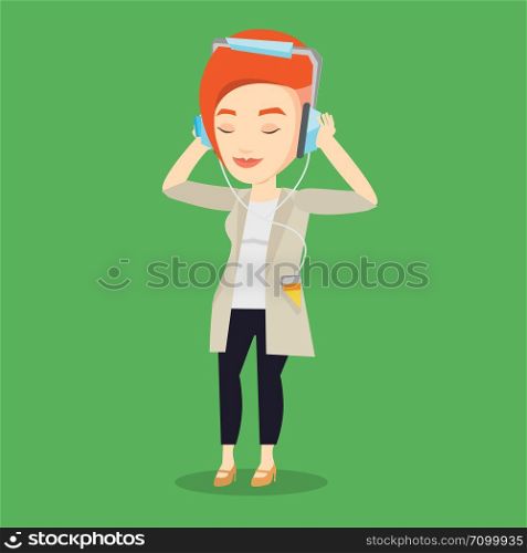 Caucasian woman listening to music on her smartphone. Young woman in headphones listening to music. Relaxed woman with eyes closed enjoying music. Vector flat design illustration. Square layout.. Young woman in headphones listening to music.