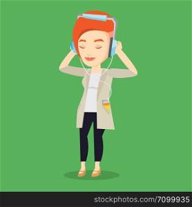 Caucasian woman listening to music on her smartphone. Young woman in headphones listening to music. Relaxed woman with eyes closed enjoying music. Vector flat design illustration. Square layout.. Young woman in headphones listening to music.