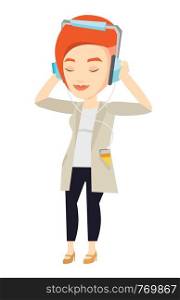 Caucasian woman listening to music on smartphone. Woman in headphones listening to music. Relaxed woman with eyes closed enjoying music. Vector flat design illustration isolated on white background.. Young woman in headphones listening to music.