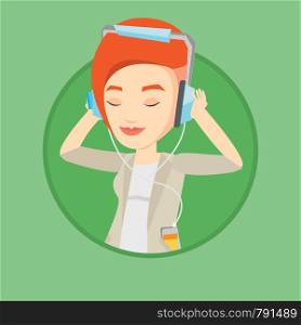 Caucasian woman listening to music on smartphone. Woman in headphones listening to music. Woman with eyes closed enjoying music. Vector flat design illustration in the circle isolated on background.. Young woman in headphones listening to music.