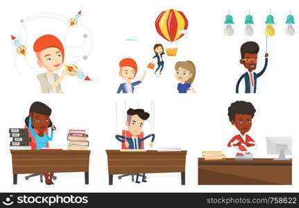 Caucasian woman looking at flying business rockets. Woman came up with an idea for a business startup. Business startup concept. Set of vector flat design illustrations isolated on white background.. Vector set of business characters.