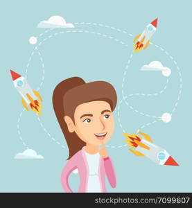 Caucasian woman looking at flying rockets symbolizing business start up. Young woman came up with an idea for a business start up. Business start up concept. Vector cartoon illustration. Square layout. Caucasian business woman looking at flying rockets