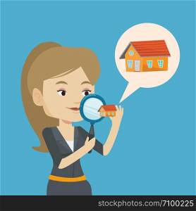 Caucasian woman looking for a new house in real estate market. Young woman using a magnifying glass for seeking a new housein real estate market. Vector flat design illustration. Square layout.. Woman looking for house vector illustration.