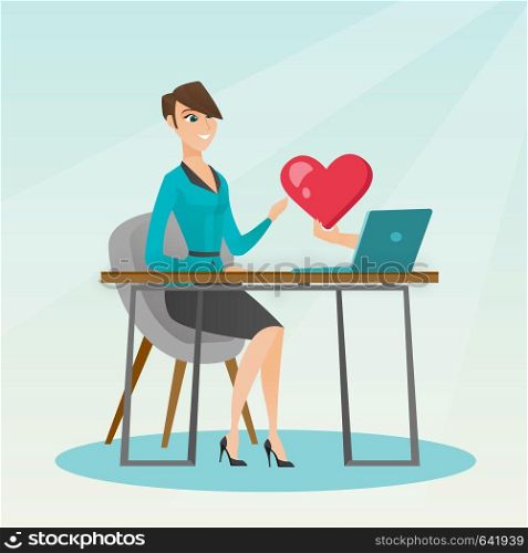 Caucasian woman looking for online date on the internet. Woman using a laptop and dating online. Woman dating online and getting a virtual love message. Vector flat design illustration. Square layout.. Young woman using a laptop online dating.