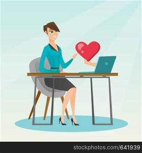 Caucasian woman looking for online date on the internet. Woman using a laptop and dating online. Woman dating online and getting a virtual love message. Vector flat design illustration. Square layout.. Young woman using a laptop online dating.