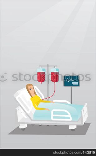Caucasian woman lying in bed in a hospital. Patient resting in hospital bed with a heart rate monitor. Patient during blood transfusion procedure. Vector flat design illustration. Vertical layout.. Man lying in hospital bed vector illustration.