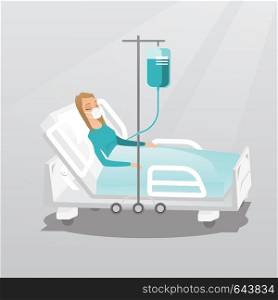 Caucasian woman lying in hospital bed with an oxygen mask. Woman during medical procedure with a drop counter. Patient recovering in bed in a hospital. Vector flat design illustration. Square layout.. Patient lying in hospital bed with oxygen mask.