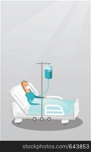 Caucasian woman lying in hospital bed with an oxygen mask. Woman during medical procedure with a drop counter. Patient recovering in bed in a hospital. Vector flat design illustration. Vertical layout. Patient lying in hospital bed with oxygen mask.