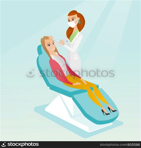 Caucasian woman lying on the couch in beauty salon and getting cosmetic dermal injection in her face. Doctor making beauty injections to female client. Vector flat design illustration. Square layout.. Woman receiving beauty facial injections in salon.