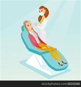 Caucasian woman lying on the couch in beauty salon and getting cosmetic dermal injection in her face. Doctor making beauty injections to female client. Vector flat design illustration. Square layout.. Woman receiving beauty facial injections in salon.