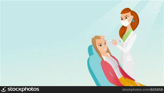 Caucasian woman lying on the couch in beauty salon and getting cosmetic dermal injection in face. Doctor making beauty injections to female client. Vector flat design illustration. Horizontal layout.. Woman receiving beauty facial injections in salon.