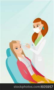 Caucasian woman lying on the couch in beauty salon and getting cosmetic dermal injection in her face. Doctor making beauty injections to female client. Vector flat design illustration. Vertical layout. Woman receiving beauty facial injections in salon.