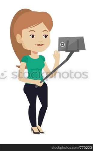 Caucasian woman making selfie with a selfie-stick. Smiling woman making selfie with cellphone. Woman taking selfie and waving her hand. Vector flat design illustration isolated on white background.. Woman making selfie vector illustration.