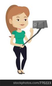 Caucasian woman making selfie with a selfie-stick. Smiling woman making selfie with cellphone. Woman taking selfie and waving her hand. Vector flat design illustration isolated on white background.. Woman making selfie vector illustration.