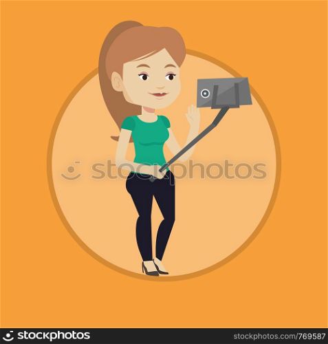 Caucasian woman making selfie with a selfie-stick. Woman taking photo with cellphone. Young woman taking selfie and waving hand. Vector flat design illustration in the circle isolated on background.. Woman making selfie vector illustration.