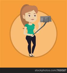 Caucasian woman making selfie with a selfie-stick. Woman taking photo with cellphone. Young woman taking selfie and waving hand. Vector flat design illustration in the circle isolated on background.. Woman making selfie vector illustration.