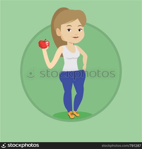 Caucasian woman on a diet. Slim woman in oversized pants showing the results of her diet. Concept of dieting and healthy lifestyle. Vector flat design illustration in the circle isolated on background. Slim woman in pants showing results of her diet.