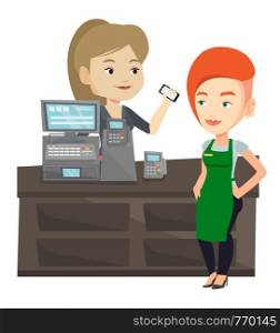 Caucasian woman paying wireless with her smartphone at the supermarket checkout. Customer making payment for purchase with smartphone. Vector flat design illustration isolated on white background.. Customer paying wireless with smartphone.