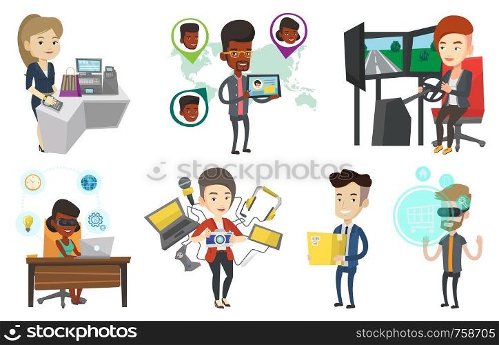 Caucasian woman paying wireless with smart watch at the checkout counter. Customer making payment for purchase with smart watch. Set of vector flat design illustrations isolated on white background.. Vector set of people using modern technologies.