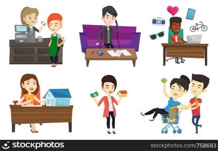 Caucasian woman paying wireless with smartphone at the supermarket checkout. Customer making payment for purchase with smartphone. Set of vector flat design illustrations isolated on white background.. Vector set of shopping people characters.