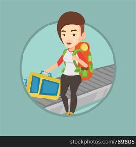 Caucasian woman picking up suitcase on luggage conveyor belt at airport. Young happy woman taking her luggage at conveyor belt. Vector flat design illustration in the circle isolated on background.. Woman picking up suitcase on luggage conveyor belt