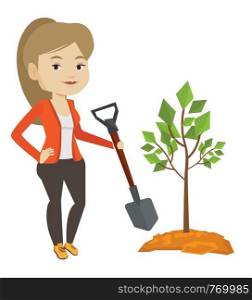 Caucasian woman plants a tree. Woman standing with shovel near newly planted tree. Young woman gardening. Environmental protection concept. Vector flat design illustration isolated on white background. Woman plants tree vector illustration.