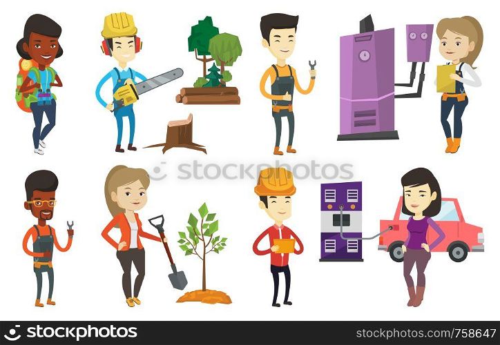 Caucasian woman plants a tree. Young woman standing with shovel near newly planted tree. Concept of environmental protection. Set of vector flat design illustrations isolated on white background.. Vector set of characters on ecology issues.