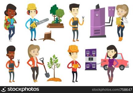 Caucasian woman plants a tree. Young woman standing with shovel near newly planted tree. Concept of environmental protection. Set of vector flat design illustrations isolated on white background.. Vector set of characters on ecology issues.