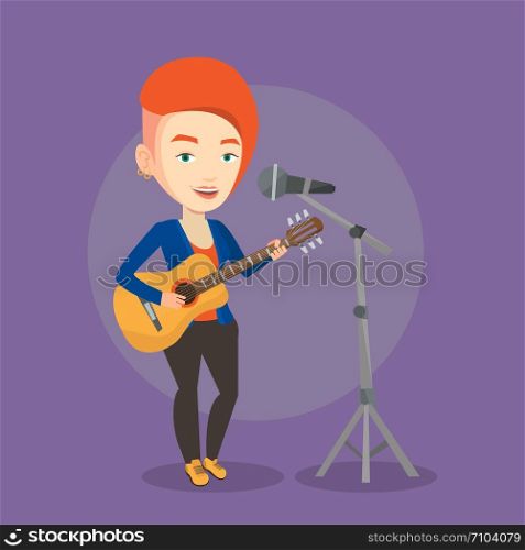 Caucasian woman playing guitar. Guitar player singing song and playing an acoustic guitar. Vector flat design illustration. Square layout.. Woman singing in microphone and playing guitar.