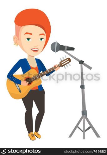 Caucasian woman playing guitar. Guitar player singing song and playing an acoustic guitar. Vector flat design illustration isolated on white background.. Woman singing in microphone and playing guitar.
