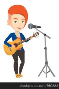 Caucasian woman playing guitar. Guitar player singing song and playing an acoustic guitar. Vector flat design illustration isolated on white background.. Woman singing in microphone and playing guitar.