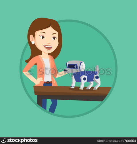 Caucasian woman playing with a robotic dog. Woman standing near the table with a cyber dog on it. Woman stroking a robotic dog. Vector flat design illustration in the circle isolated on background.. Happy young woman playing with robotic dog.