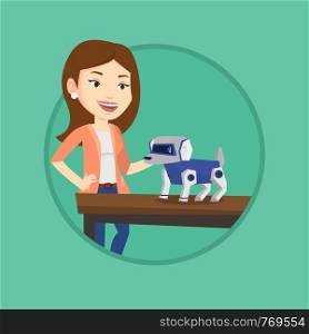 Caucasian woman playing with a robotic dog. Woman standing near the table with a cyber dog on it. Woman stroking a robotic dog. Vector flat design illustration in the circle isolated on background.. Happy young woman playing with robotic dog.