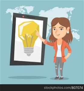 Caucasian woman pointing at a big tablet computer with a light bulb on a screen. Woman standing next to the tablet computer on the background of world map. Vector cartoon illustration. Square layout.. Caucasian woman pointing at a big tablet computer.