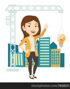 Caucasian woman pointing at idea light bulb hanging on crane. Architect having idea in town planning. Concept of new ideas in architecture. Vector flat design illustration isolated on white background. Woman having business idea vector illustration.