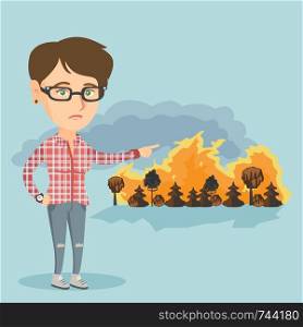 Caucasian woman pointing at the forest in fire. Frustrated woman standing on the background of a big forest fire. Concept of environmental destruction. Vector cartoon illustration. Square layout.. Woman standing on the background of wildfire.