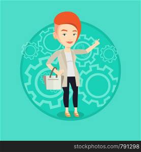 Caucasian woman pointing finger up because she came up with business idea. Woman having business idea. Business idea concept. Vector flat design illustration in the circle isolated on background.. Successful business idea vector illustration.
