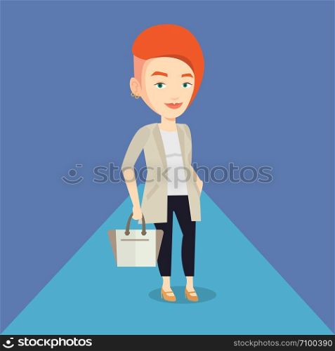 Caucasian woman posing on catwalk during fashion event. Female model walking on catwalk during fashion week. Woman on catwalk during fashion show. Vector flat design illustration. Square layout.. Woman posing on catwalk during fashion show.