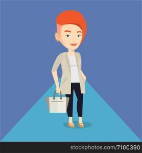 Caucasian woman posing on catwalk during fashion event. Female model walking on catwalk during fashion week. Woman on catwalk during fashion show. Vector flat design illustration. Square layout.. Woman posing on catwalk during fashion show.