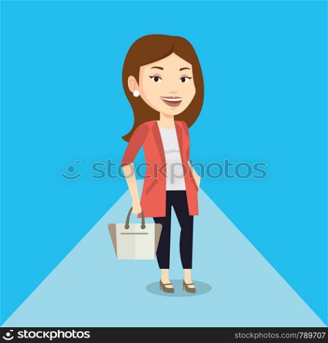 Caucasian woman posing on catwalk on fashion event. Smiling female model walking on catwalk during fashion week. Woman on catwalk during fashion show. Vector flat design illustration. Square layout.. Woman posing on catwalk during fashion show.