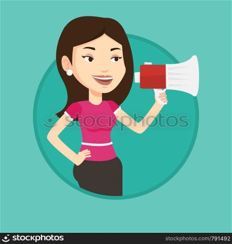 Caucasian woman promoter holding a megaphone. Young woman promoter speaking into a megaphone. Social media marketing concept. Vector flat design illustration in the circle isolated on background.. Young woman speaking into megaphone.