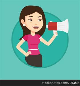 Caucasian woman promoter holding a megaphone. Young woman promoter speaking into a megaphone. Social media marketing concept. Vector flat design illustration in the circle isolated on background.. Young woman speaking into megaphone.